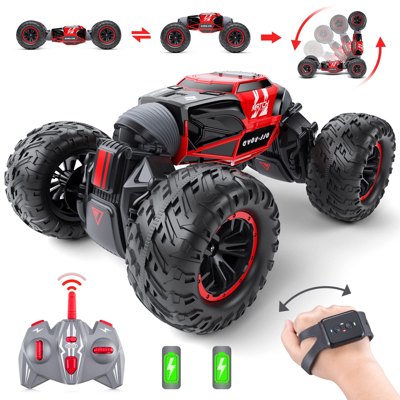 Powerextra Remote Control Car, Gesture Sensing RC Car, 4WD Transform Off Road Crawler, All Terrains Toy Stunt Car with Two Batteries, 50+ Mins Play Time for 6-12 Year Old Boys & Girls