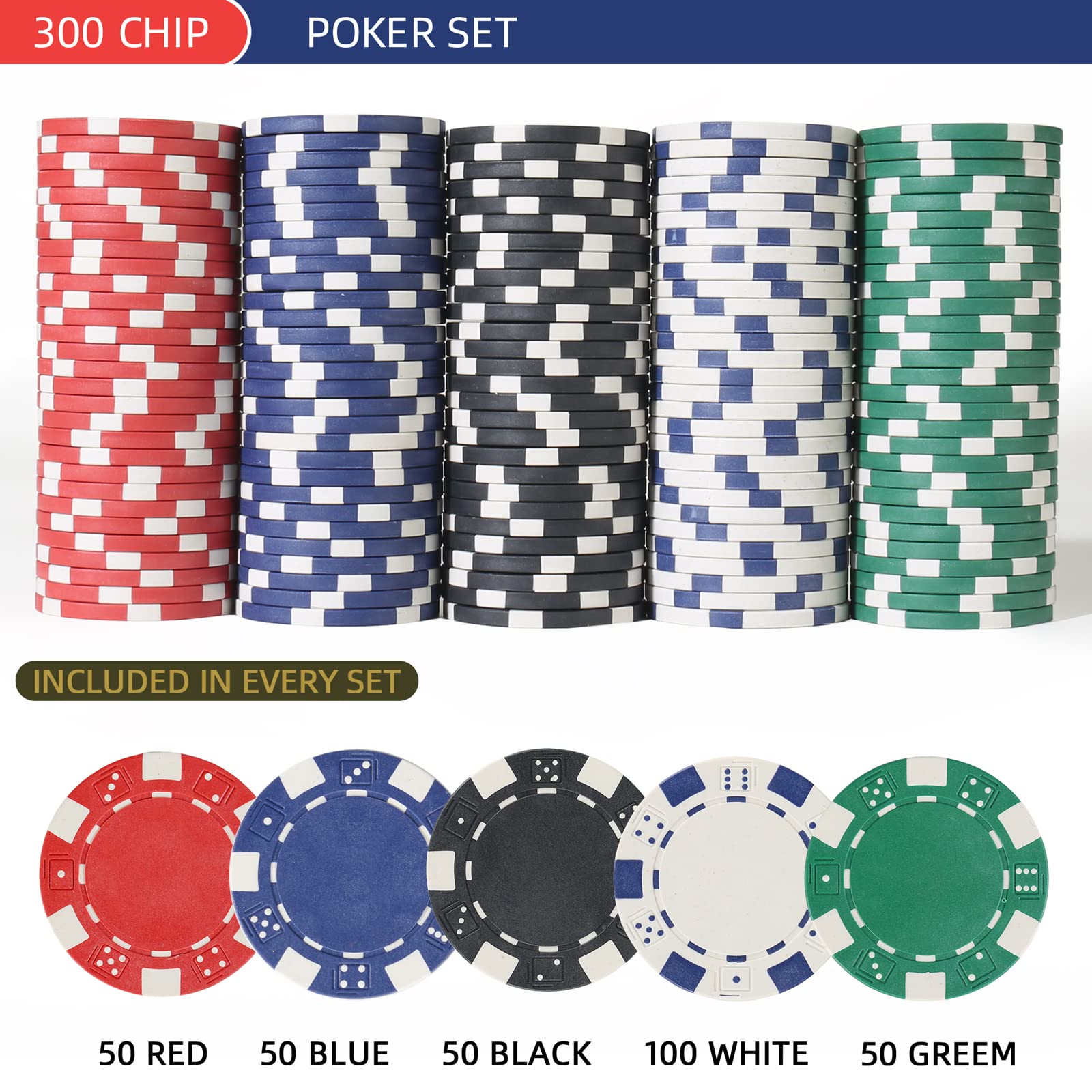 LUOBAO 300Pcs Poker Chips Set for Texas Holdem,Blackjack, Tournaments with Aluminum Case,2 Decks of Cards, Dealer, Small Blind, Big Blind Buttons and 5 Dice,11.5 Gram