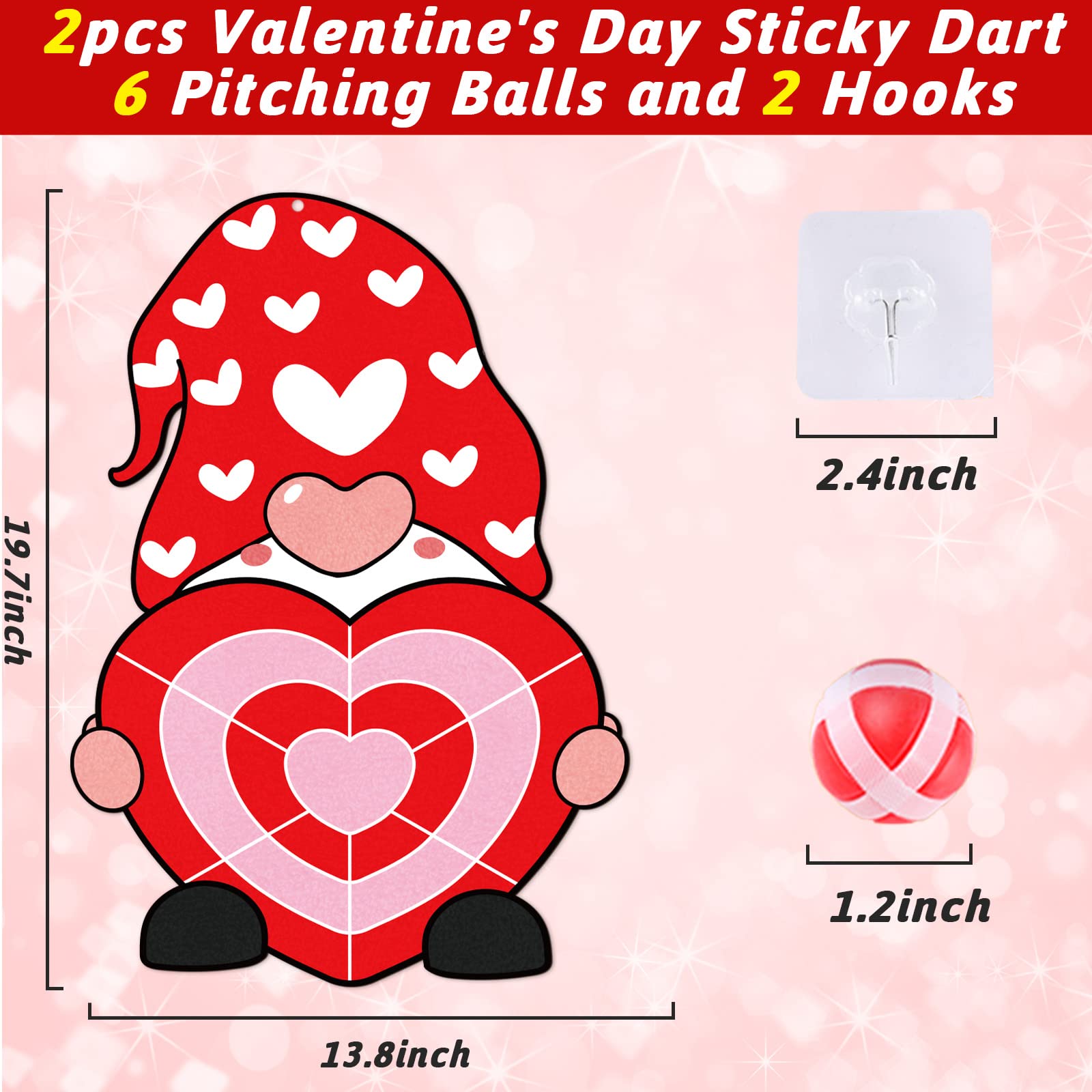 2PCS Valentine's Day Dart Board Sticky Balls Toys Games Gnome Dart Board Kit with 6 Red Sticky Balls and 2 Hooks for Valentine Indoor Outdoor Sports Fun Party Games