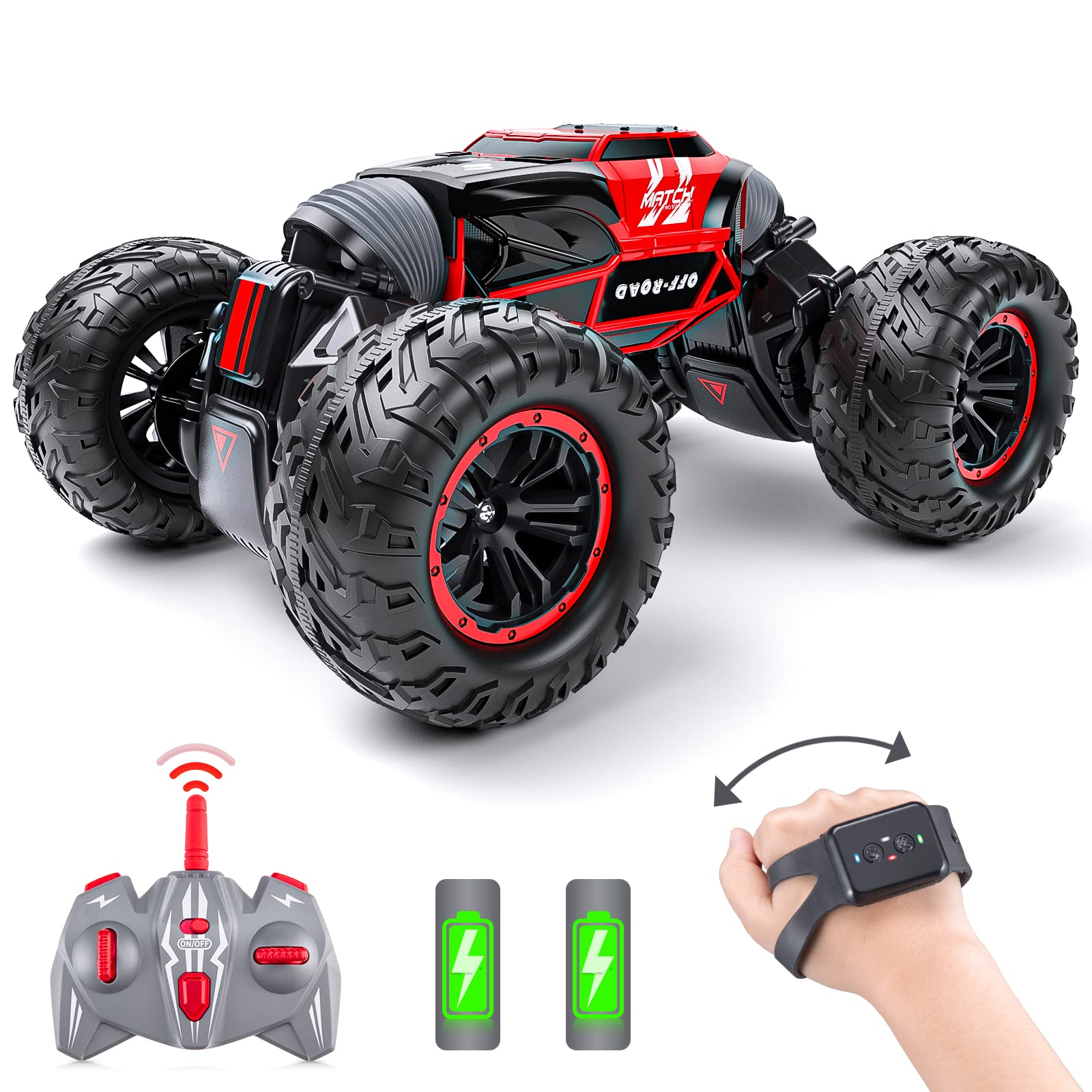 Powerextra Remote Control Car, Gesture Sensing RC Car, 4WD Transform Off Road Crawler, All Terrains Toy Stunt Car with Two Batteries, 50+ Mins Play Time for 6-12 Year Old Boys & Girls