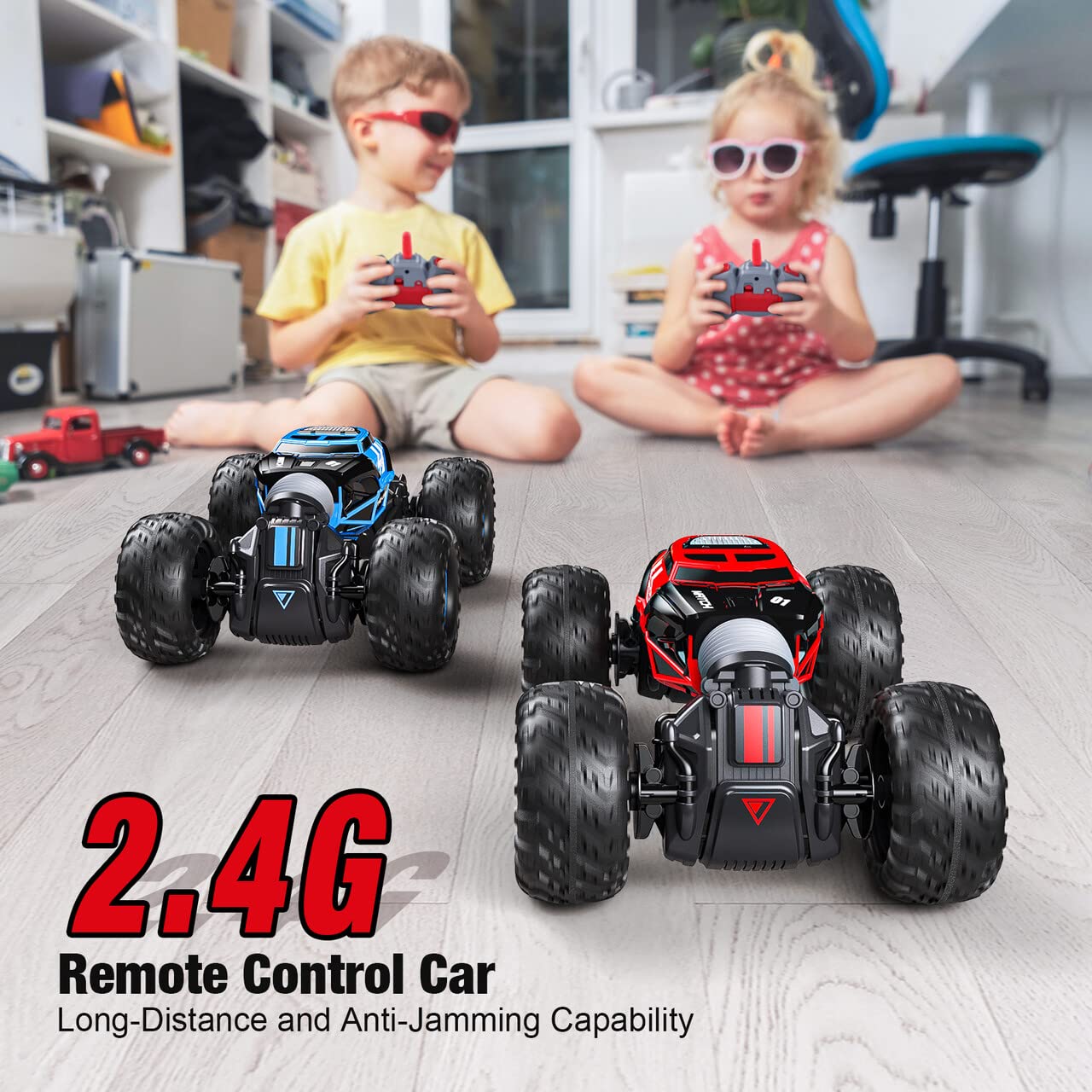 Powerextra Remote Control Car, Gesture Sensing RC Car, 4WD Transform Off Road Crawler, All Terrains Toy Stunt Car with Two Batteries, 50+ Mins Play Time for 6-12 Year Old Boys & Girls