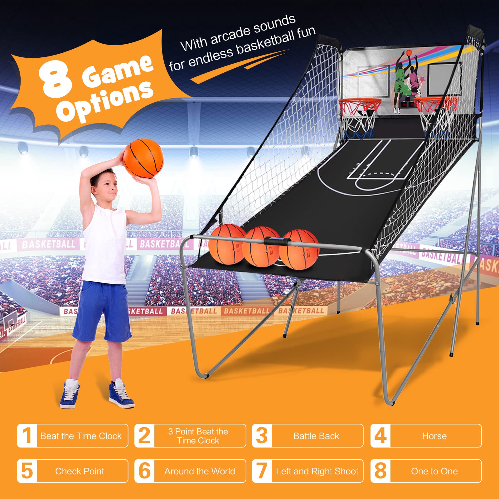 Goplus Foldable Dual Shot Basketball Arcade Game, Basketball Hoop Game w/Electronic Scoring, 8 Game Modes, 4 Balls, Indoor Outdoor Electronic Basketball Game Machine for Kids Adults (Black)