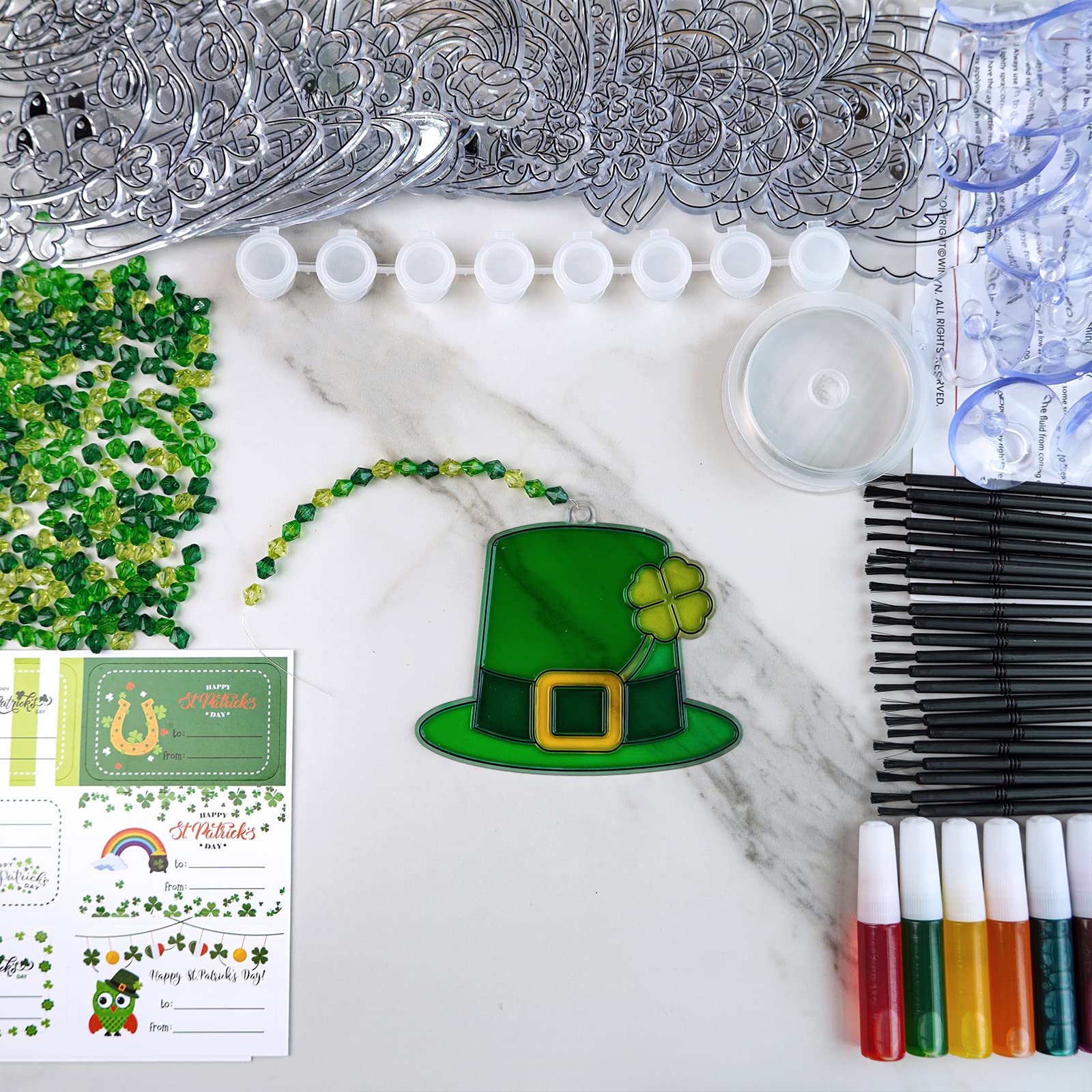 Winlyn 24 Sets St. Patrick's Day Suncatchers Ornaments DIY Window Paint Art Suncatchers St. Pat's Craft Kits Lucky Shamrock Four-Leaf Clover Rainbow Sun Catchers for Kids Party Classroom Activities