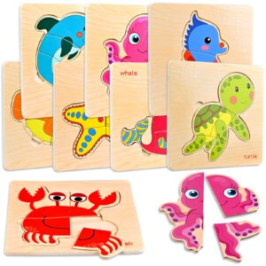 faburo 8pcs wooden puzzles for toddlers 1-3, toddler puzzles ages 2-4, montessori toys for 1-3+ years girl boy, sea animal puzzle for kids, jigsaw puzzles educational toys preschool puzzles for 1-3