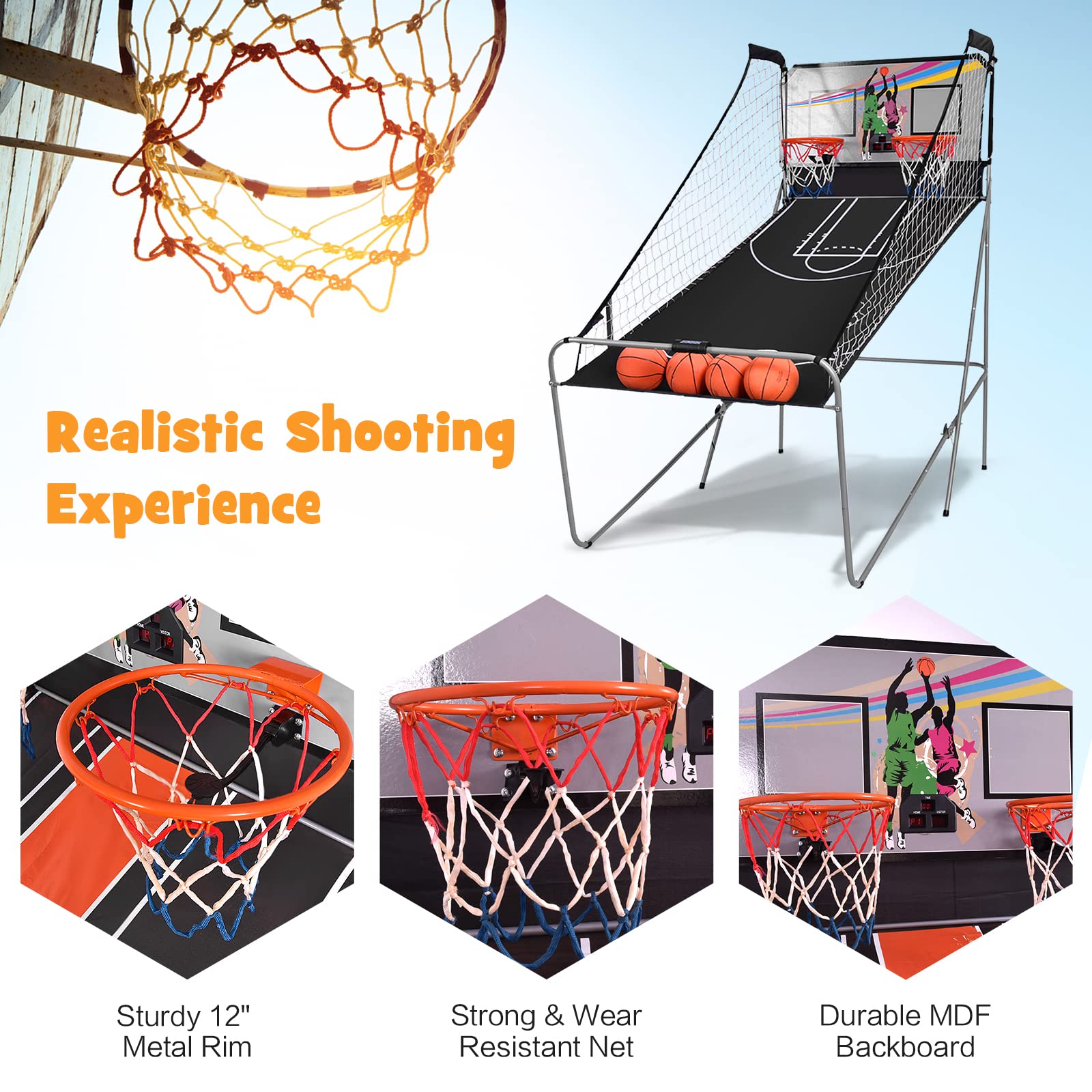 Goplus Foldable Dual Shot Basketball Arcade Game, Basketball Hoop Game w/Electronic Scoring, 8 Game Modes, 4 Balls, Indoor Outdoor Electronic Basketball Game Machine for Kids Adults (Black)