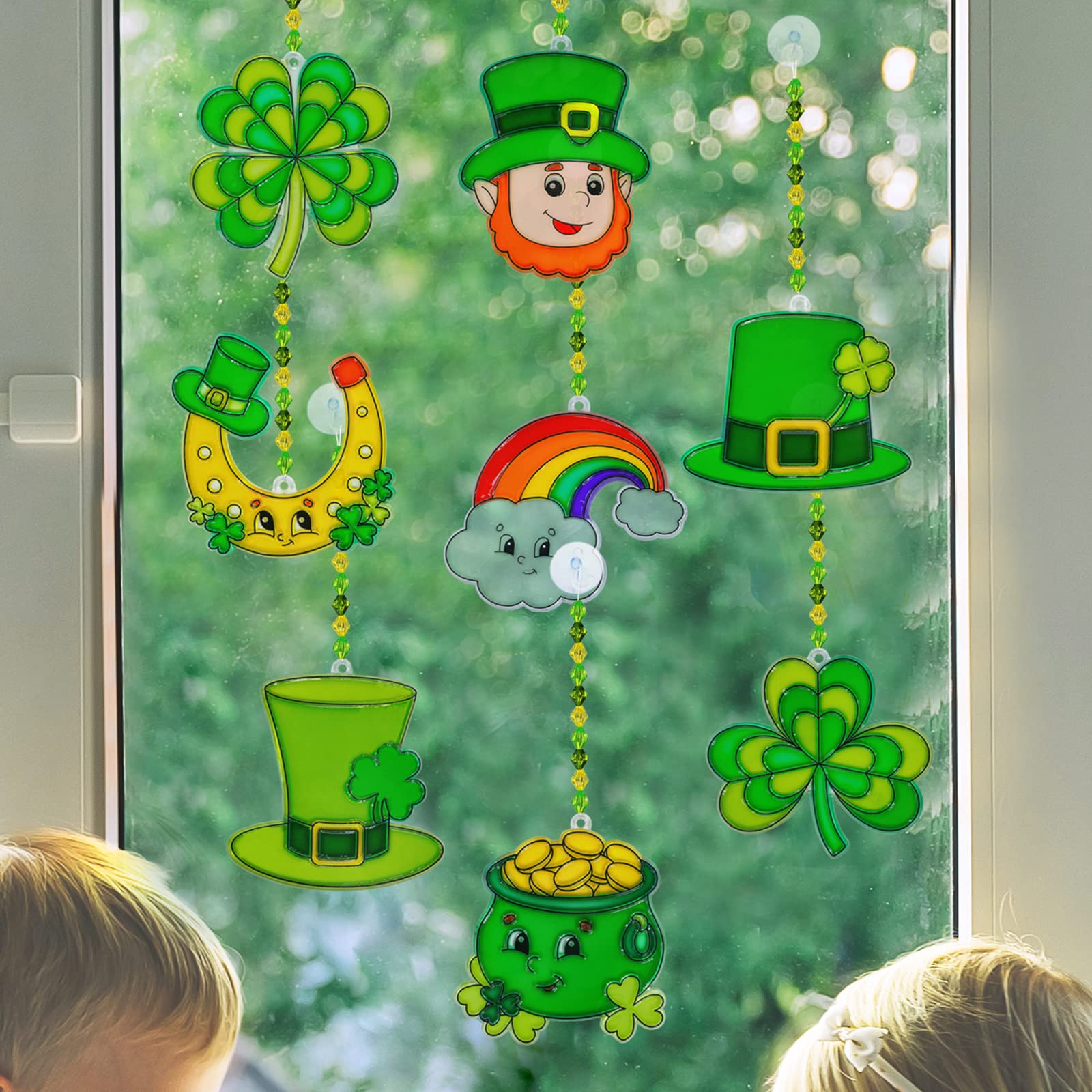 Winlyn 24 Sets St. Patrick's Day Suncatchers Ornaments DIY Window Paint Art Suncatchers St. Pat's Craft Kits Lucky Shamrock Four-Leaf Clover Rainbow Sun Catchers for Kids Party Classroom Activities