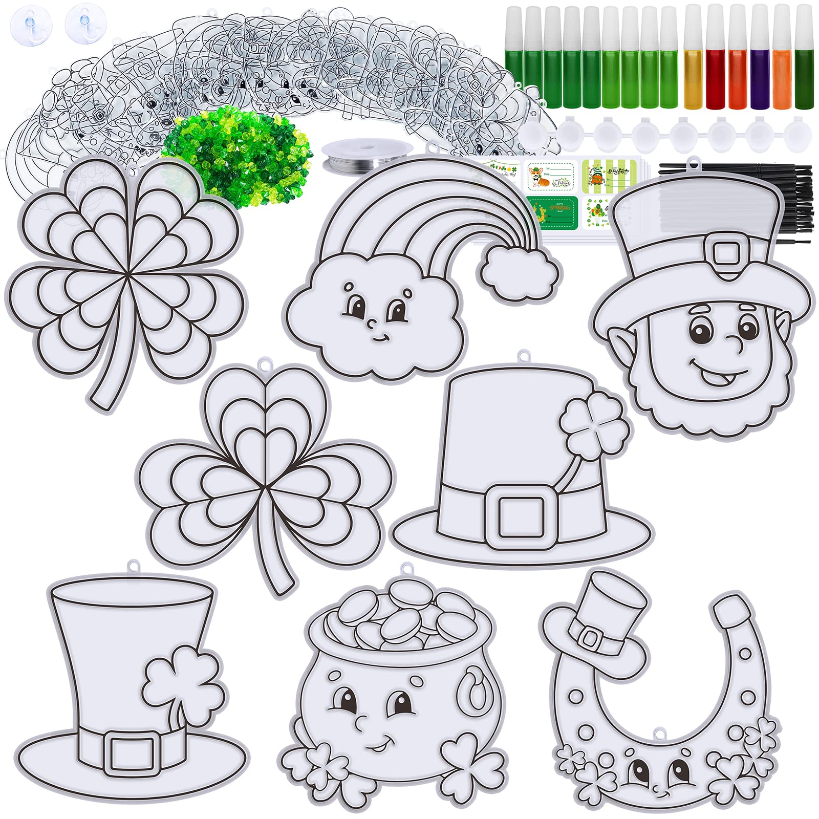 Winlyn 24 Sets St. Patrick's Day Suncatchers Ornaments DIY Window Paint Art Suncatchers St. Pat's Craft Kits Lucky Shamrock Four-Leaf Clover Rainbow Sun Catchers for Kids Party Classroom Activities