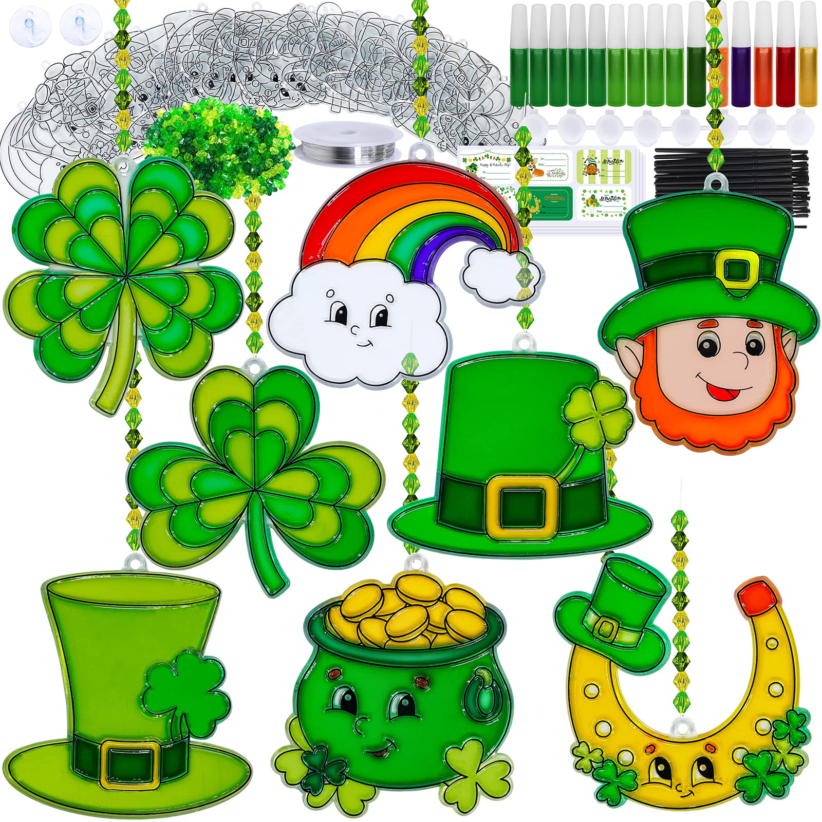 Winlyn 24 Sets St. Patrick's Day Suncatchers Ornaments DIY Window Paint Art Suncatchers St. Pat's Craft Kits Lucky Shamrock Four-Leaf Clover Rainbow Sun Catchers for Kids Party Classroom Activities