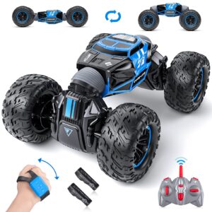 powerextra gesture sensing rc car, 1:16 scale outdoor remote control car crawler, 4wd transform rc car, double side all terrains toy stunt car with two batteries, 50+ mins play time for kids & boys