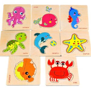 Faburo 8pcs Wooden Puzzles for Toddlers 1-3, Toddler Puzzles Ages 2-4, Montessori Toys for 1-3+ Years Girl Boy, Sea Animal Puzzle for Kids, Jigsaw Puzzles Educational Toys Preschool Puzzles for 1-3