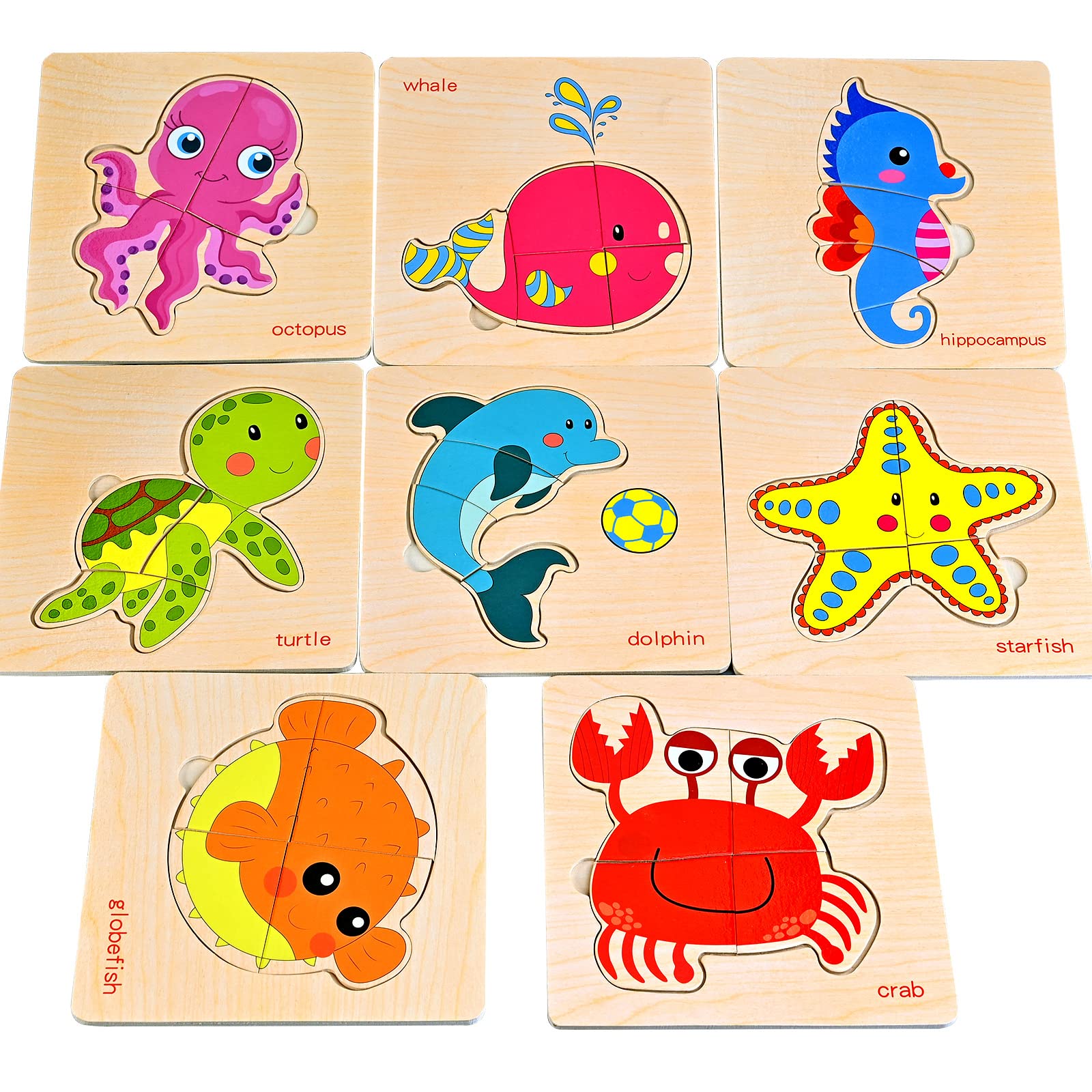 Faburo 8pcs Wooden Puzzles for Toddlers 1-3, Toddler Puzzles Ages 2-4, Montessori Toys for 1-3+ Years Girl Boy, Sea Animal Puzzle for Kids, Jigsaw Puzzles Educational Toys Preschool Puzzles for 1-3