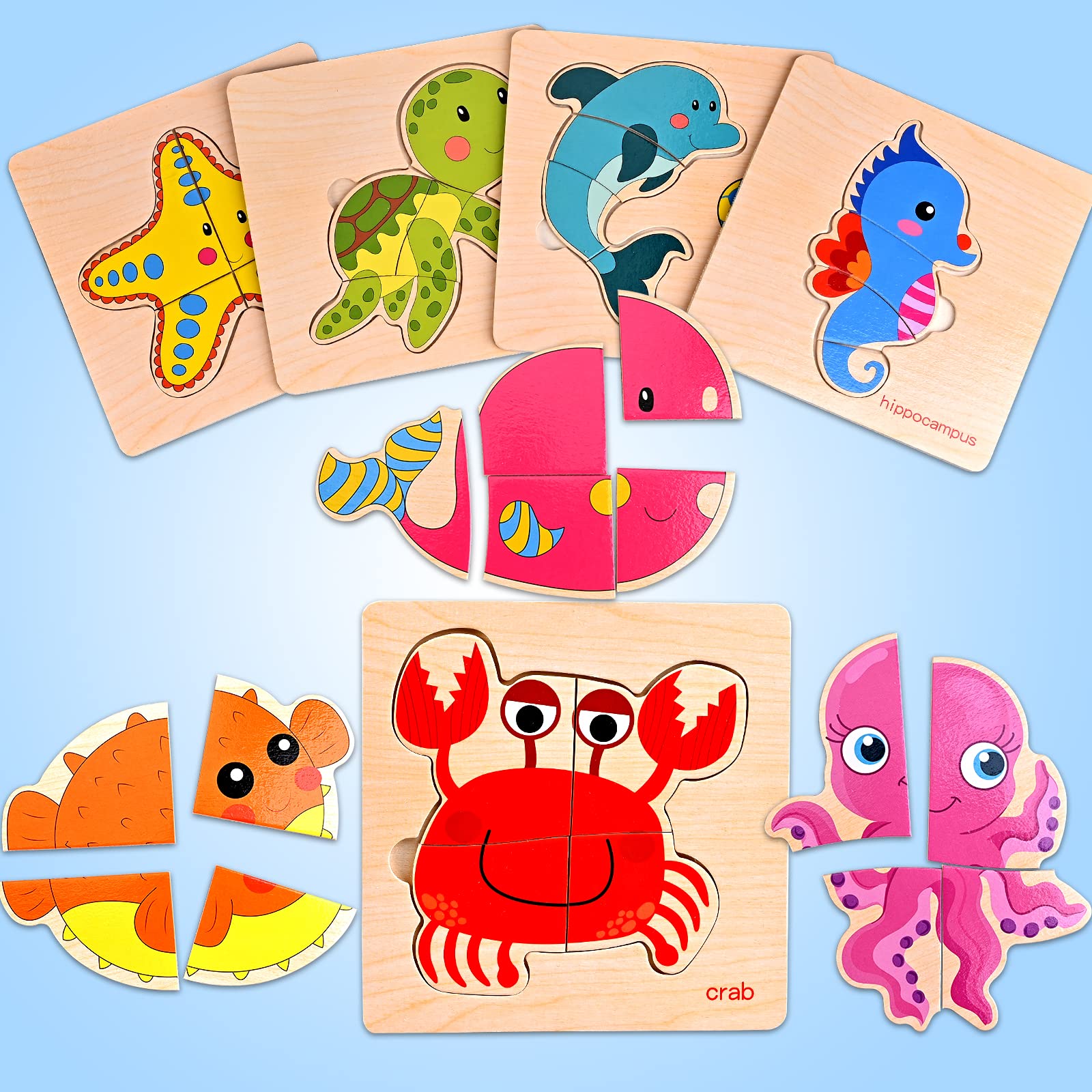 Faburo 8pcs Wooden Puzzles for Toddlers 1-3, Toddler Puzzles Ages 2-4, Montessori Toys for 1-3+ Years Girl Boy, Sea Animal Puzzle for Kids, Jigsaw Puzzles Educational Toys Preschool Puzzles for 1-3