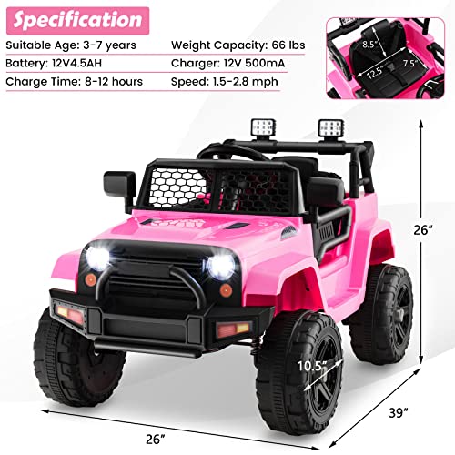 Costzon Ride on Car, 12V Battery Powered Truck Vehicle with Remote Control, Spring Suspension, Headlights, Music, Horn, MP3, USB & Aux Port, Gift for Boys Girls, Electric Car for Kids (Pink)