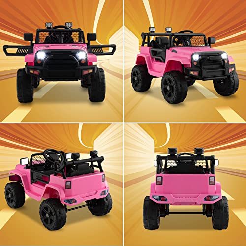 Costzon Ride on Car, 12V Battery Powered Truck Vehicle with Remote Control, Spring Suspension, Headlights, Music, Horn, MP3, USB & Aux Port, Gift for Boys Girls, Electric Car for Kids (Pink)