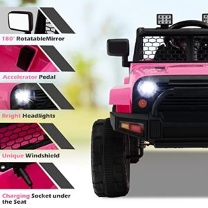 Costzon Ride on Car, 12V Battery Powered Truck Vehicle with Remote Control, Spring Suspension, Headlights, Music, Horn, MP3, USB & Aux Port, Gift for Boys Girls, Electric Car for Kids (Pink)