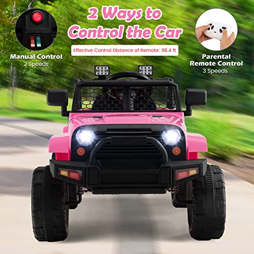 Costzon Ride on Car, 12V Battery Powered Truck Vehicle with Remote Control, Spring Suspension, Headlights, Music, Horn, MP3, USB & Aux Port, Gift for Boys Girls, Electric Car for Kids (Pink)