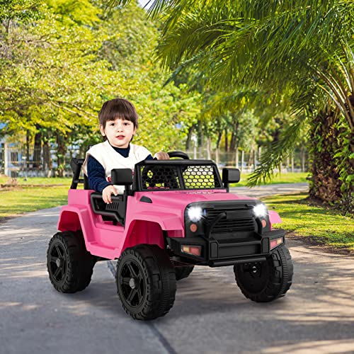 Costzon Ride on Car, 12V Battery Powered Truck Vehicle with Remote Control, Spring Suspension, Headlights, Music, Horn, MP3, USB & Aux Port, Gift for Boys Girls, Electric Car for Kids (Pink)