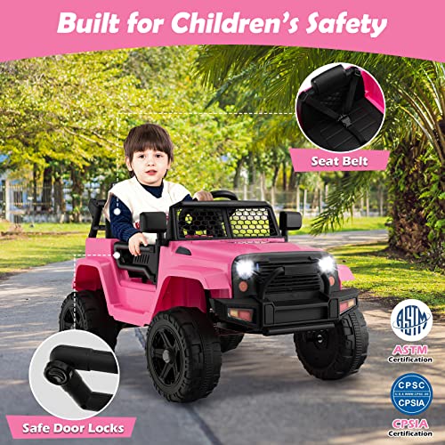 Costzon Ride on Car, 12V Battery Powered Truck Vehicle with Remote Control, Spring Suspension, Headlights, Music, Horn, MP3, USB & Aux Port, Gift for Boys Girls, Electric Car for Kids (Pink)