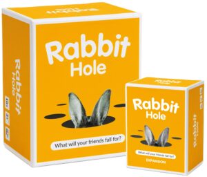 rabbit hole party game + expansion set - the “what will your friends fall for?” family card game - for kids, tweens, teens, college students, adults, fun parties and board games night with your group