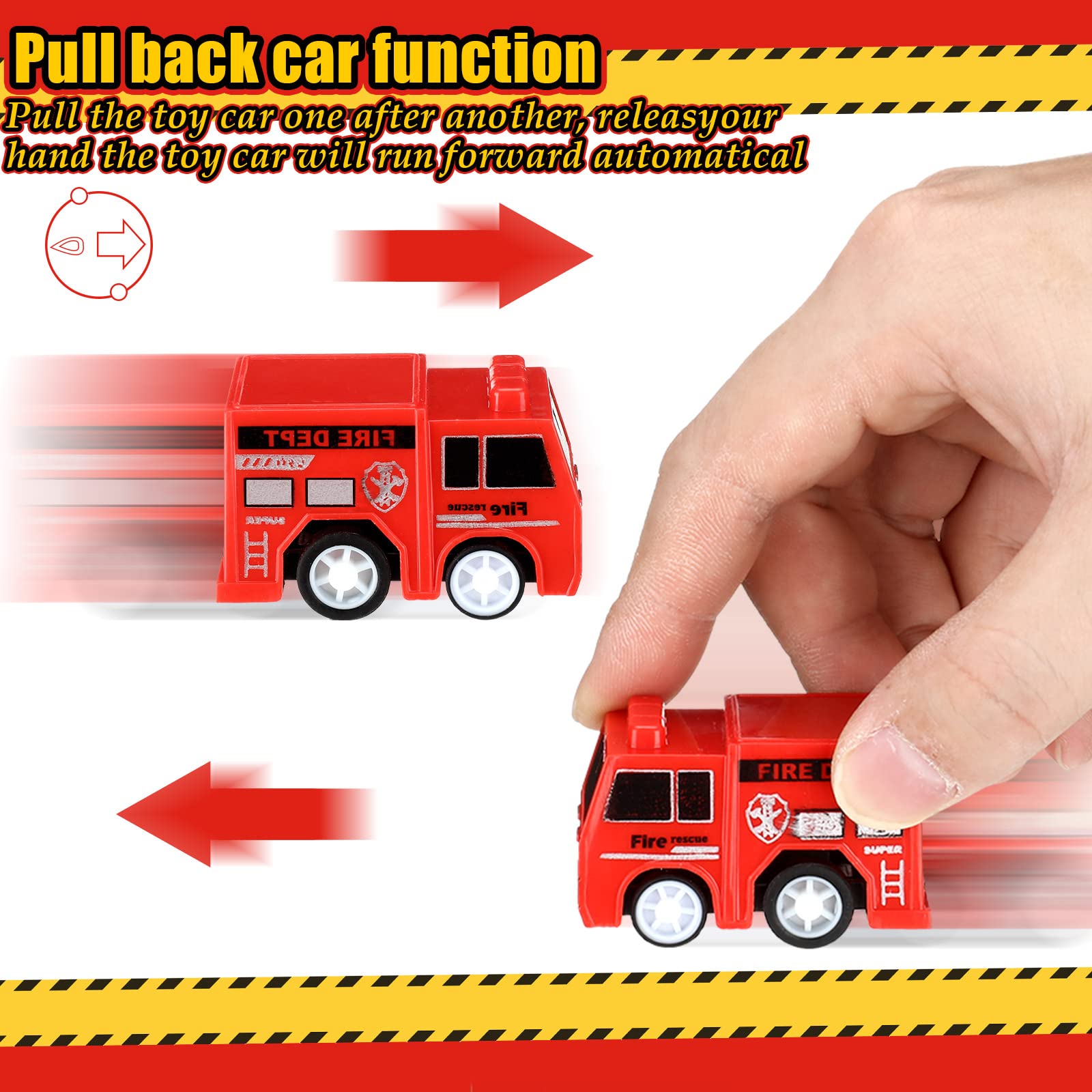 48 Pcs Mini Pullback Fire Truck Toy Small Pull Back Firetruck Plastic Fire Engine Toy Trucks Firefighter Birthday Party Supplies, Fireman Favors Goodie Bag Fillers, 4 Styles