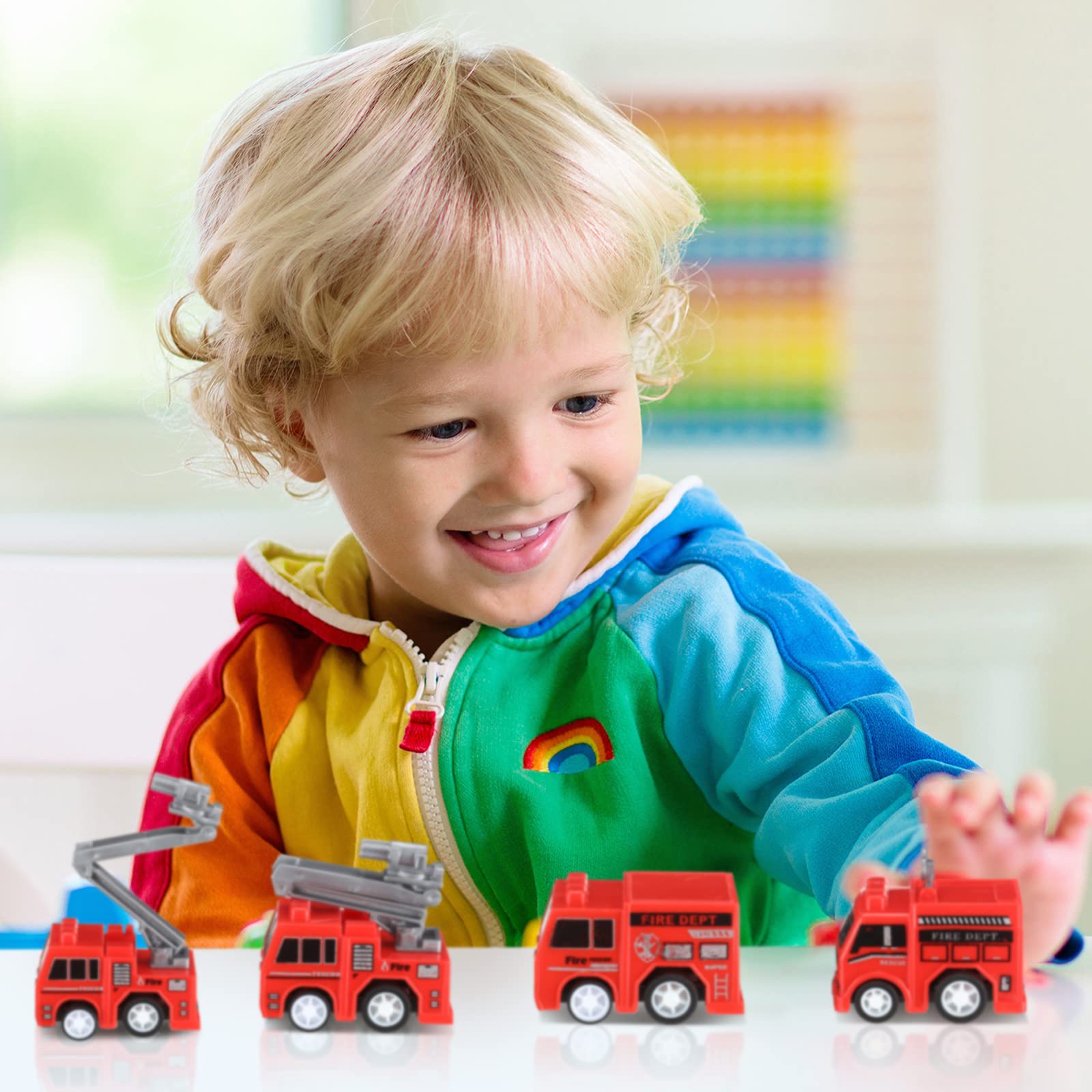 48 Pcs Mini Pullback Fire Truck Toy Small Pull Back Firetruck Plastic Fire Engine Toy Trucks Firefighter Birthday Party Supplies, Fireman Favors Goodie Bag Fillers, 4 Styles