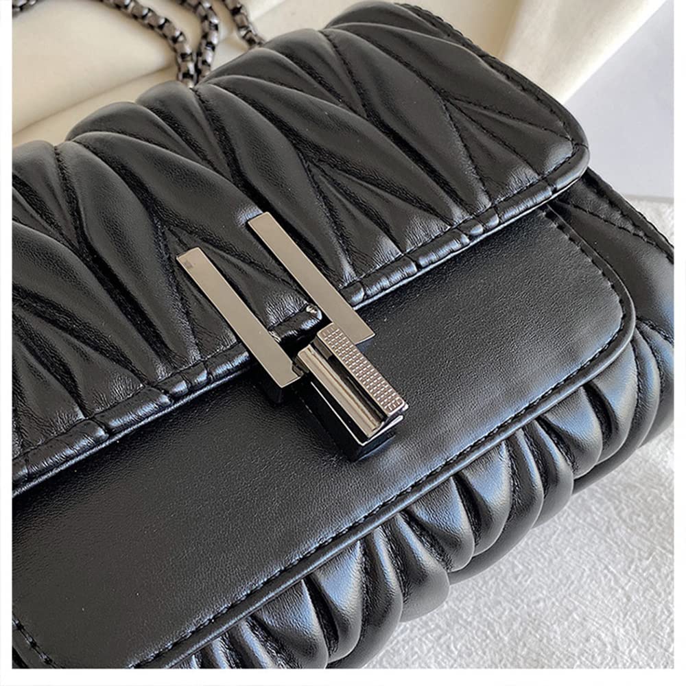 Flap Top Crossbody Bags for Women Quilted Leather Purse Fashion Casual Chain Shoulder Bag Handbag Underarm Bag (Black)