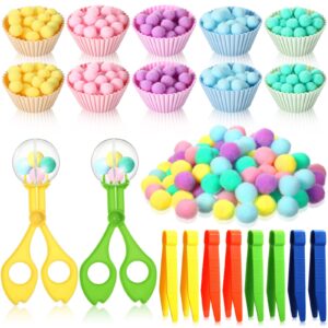 120 pcs fine motor toys counting sorting sensory bin filler counting set 100 pcs colorful plush ball 8 pcs tweezers 2 pcs scissors clips 10 pcs cups for early education and counting sorting training