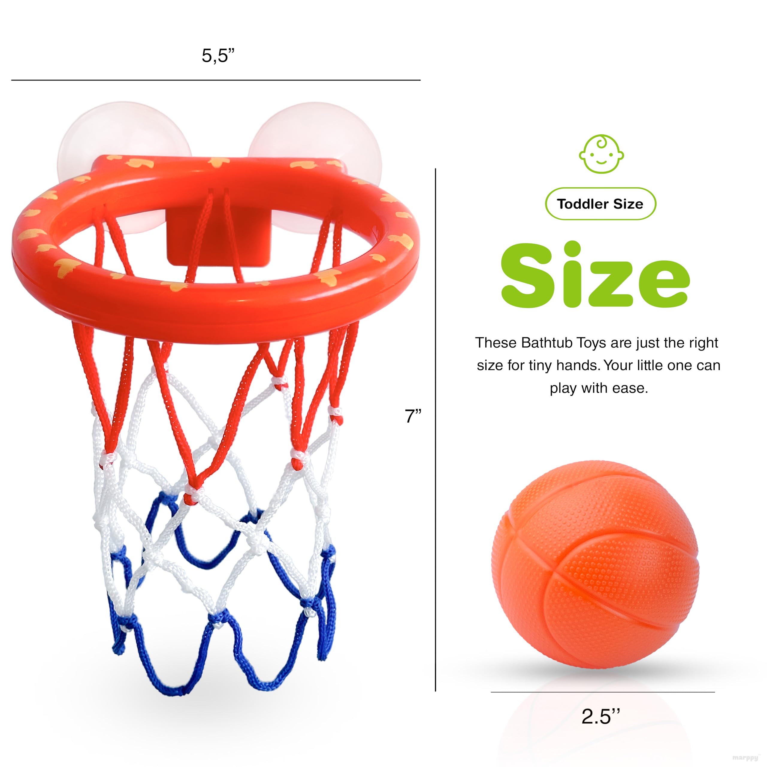 MARPPY Bath Toys, Bathtub Basketball Hoop for Kids, Toddlers, Boys, and Girls, 3 Balls No Holes, Mold Free Bath Toys and Strong Suction Cup, Fun Bathtub Toys & Shower Bath Toys for Toddlers and Kids