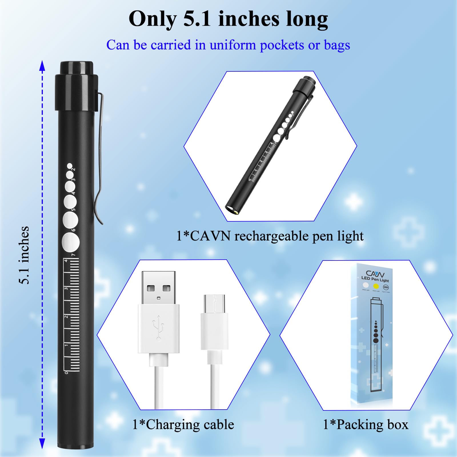 CAVN Rechargeable Pen Light with Pupil Gauge LED Penlights for Nurses Doctors, Warm/White Light, USB Rechargeable Medical Penlight Gifts for Nurses Nursing Student (Black)