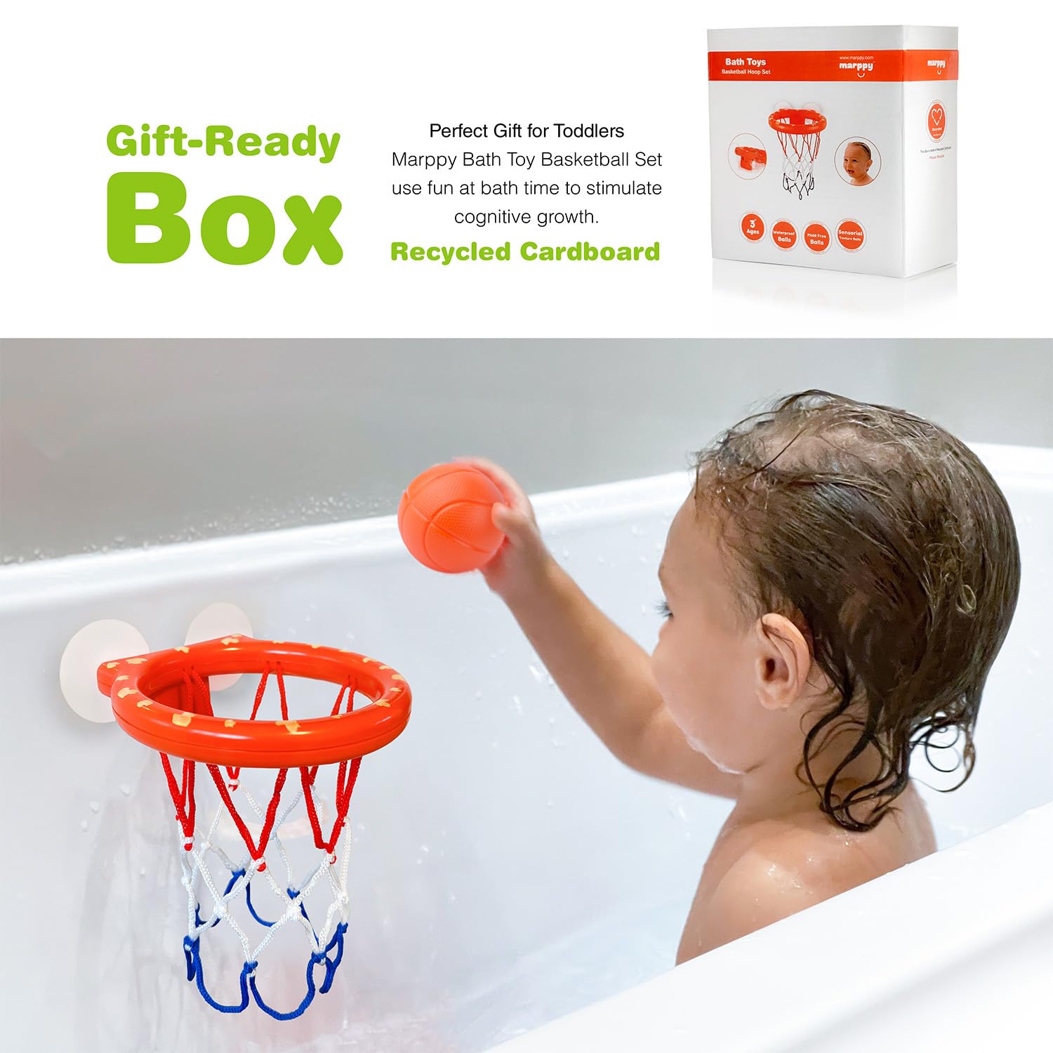 MARPPY Bath Toys, Bathtub Basketball Hoop for Kids, Toddlers, Boys, and Girls, 3 Balls No Holes, Mold Free Bath Toys and Strong Suction Cup, Fun Bathtub Toys & Shower Bath Toys for Toddlers and Kids