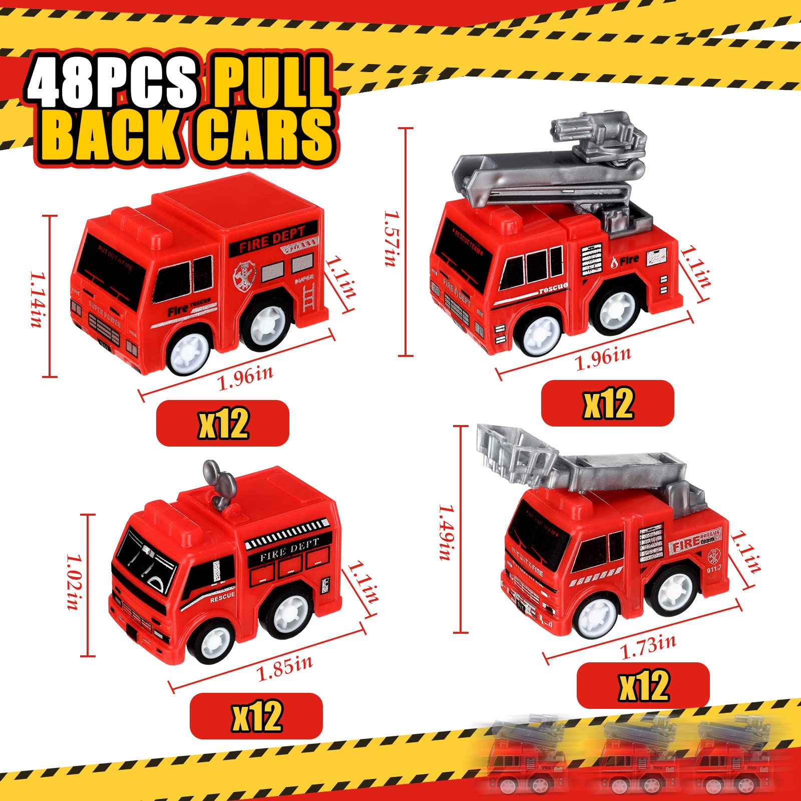 48 Pcs Mini Pullback Fire Truck Toy Small Pull Back Firetruck Plastic Fire Engine Toy Trucks Firefighter Birthday Party Supplies, Fireman Favors Goodie Bag Fillers, 4 Styles