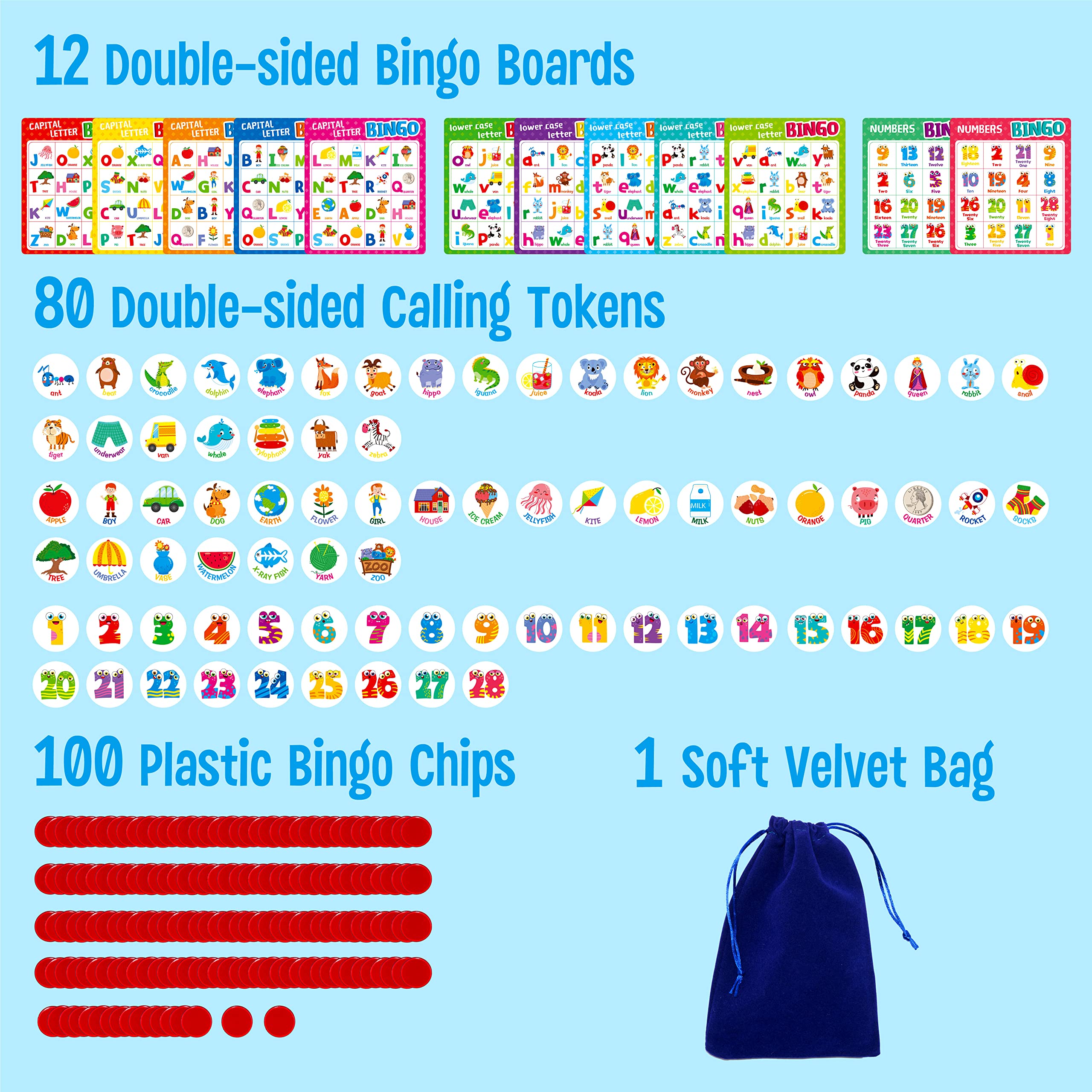 SpriteGru Alphabet Bingo Game, Uppercase/Lowercase/Number Bingo Game ABC and 123 Bingo Board Game for Kindergarten and Preschool Kids 4-8, Perfect for Classroom & at Home