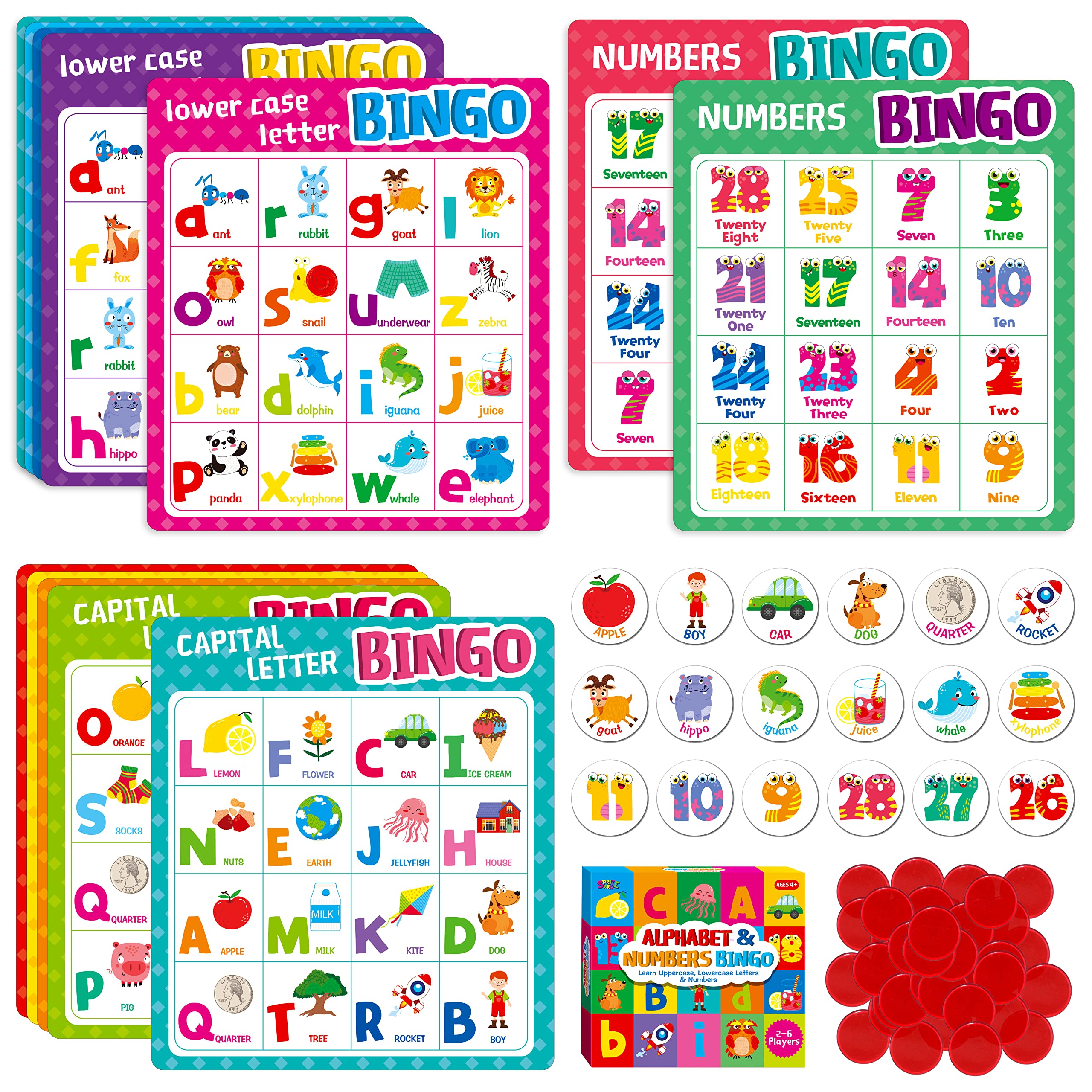 SpriteGru Alphabet Bingo Game, Uppercase/Lowercase/Number Bingo Game ABC and 123 Bingo Board Game for Kindergarten and Preschool Kids 4-8, Perfect for Classroom & at Home