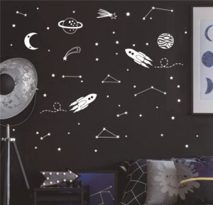 uilmniy the outer sapce spaceship rocket wall decor sticker for kids room art constellation stars moon space wall decal for nursery room bedroom decor mural afn127 (white)