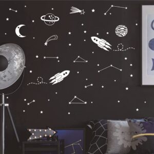 UILMNIY The Outer Sapce Spaceship Rocket Wall Decor Sticker for Kids Room Art Constellation Stars Moon Space Wall Decal for Nursery Room Bedroom Decor Mural AFN127 (White)