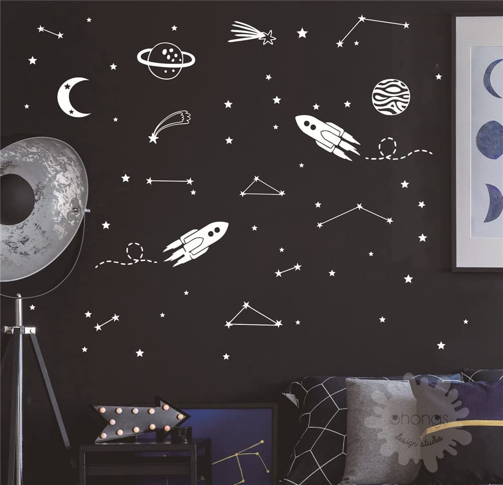 UILMNIY The Outer Sapce Spaceship Rocket Wall Decor Sticker for Kids Room Art Constellation Stars Moon Space Wall Decal for Nursery Room Bedroom Decor Mural AFN127 (White)