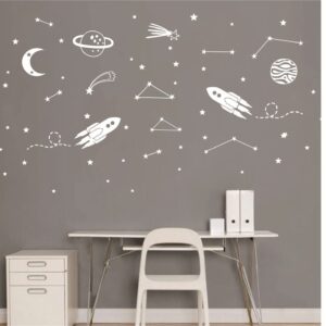 UILMNIY The Outer Sapce Spaceship Rocket Wall Decor Sticker for Kids Room Art Constellation Stars Moon Space Wall Decal for Nursery Room Bedroom Decor Mural AFN127 (White)