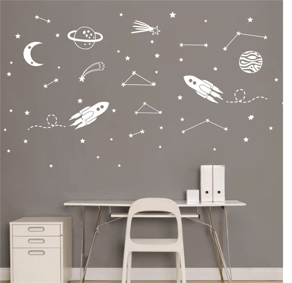 UILMNIY The Outer Sapce Spaceship Rocket Wall Decor Sticker for Kids Room Art Constellation Stars Moon Space Wall Decal for Nursery Room Bedroom Decor Mural AFN127 (White)