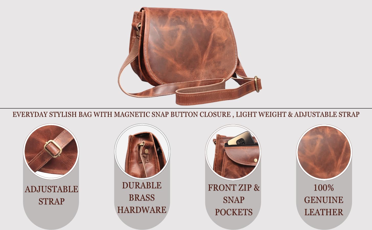 Madosh, Saddle Bag For Women Genuine Leather Crossbody Bag Girls Sling Purse Ladies Cross-Over Handbag (BROWN)