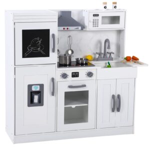 ShiningLove 40inch Kids Large Pretend Play Kitchen Toys with Sink, Role Play Kitchen Playset Wooden Upright Kitchen Playset, White