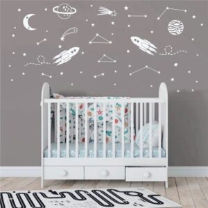 UILMNIY The Outer Sapce Spaceship Rocket Wall Decor Sticker for Kids Room Art Constellation Stars Moon Space Wall Decal for Nursery Room Bedroom Decor Mural AFN127 (White)