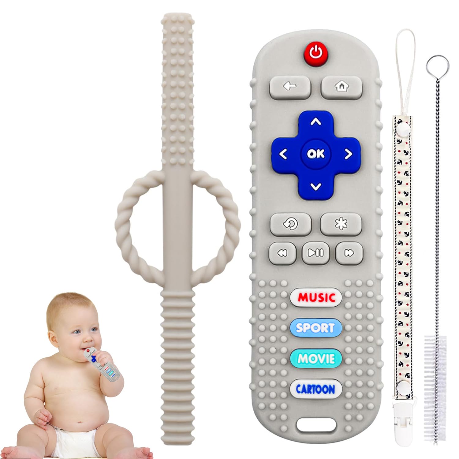 Teething Sticks Toys for Babies Remote Control Shape Teether Toys Set,Teething Toys for Babies 0-6 Months (Beige White02)