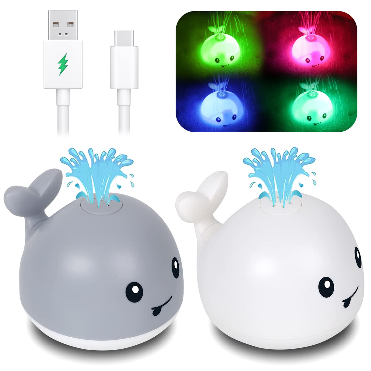 AOLIGE 2Pcs Whale Bath Toy Sprinkler Rechargeable Spraying Light Up Bathtub Toys Bathtime Water Toys for Toddlers Kids Waterproof Shower Toys (Rechargeable White & Grey Whale)