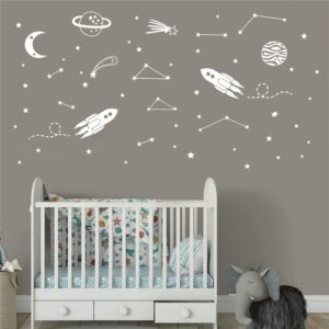 UILMNIY The Outer Sapce Spaceship Rocket Wall Decor Sticker for Kids Room Art Constellation Stars Moon Space Wall Decal for Nursery Room Bedroom Decor Mural AFN127 (White)