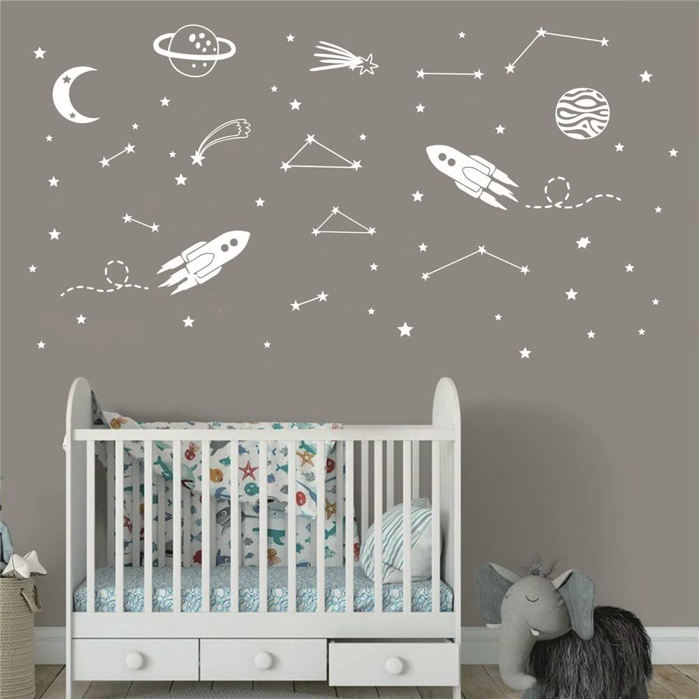 UILMNIY The Outer Sapce Spaceship Rocket Wall Decor Sticker for Kids Room Art Constellation Stars Moon Space Wall Decal for Nursery Room Bedroom Decor Mural AFN127 (White)