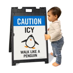 SmartSign 24 x 18 inch “Caution - Icy, Walk Like a Penguin Two-Sided BabyBoss A-Frame Sign Kit, Plastic, Black, Blue and White (1 A-Frame + 2 Sign Panels), Made in USA