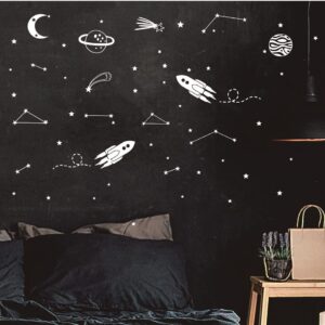 UILMNIY The Outer Sapce Spaceship Rocket Wall Decor Sticker for Kids Room Art Constellation Stars Moon Space Wall Decal for Nursery Room Bedroom Decor Mural AFN127 (White)