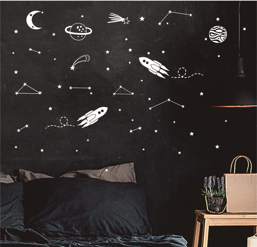 UILMNIY The Outer Sapce Spaceship Rocket Wall Decor Sticker for Kids Room Art Constellation Stars Moon Space Wall Decal for Nursery Room Bedroom Decor Mural AFN127 (White)