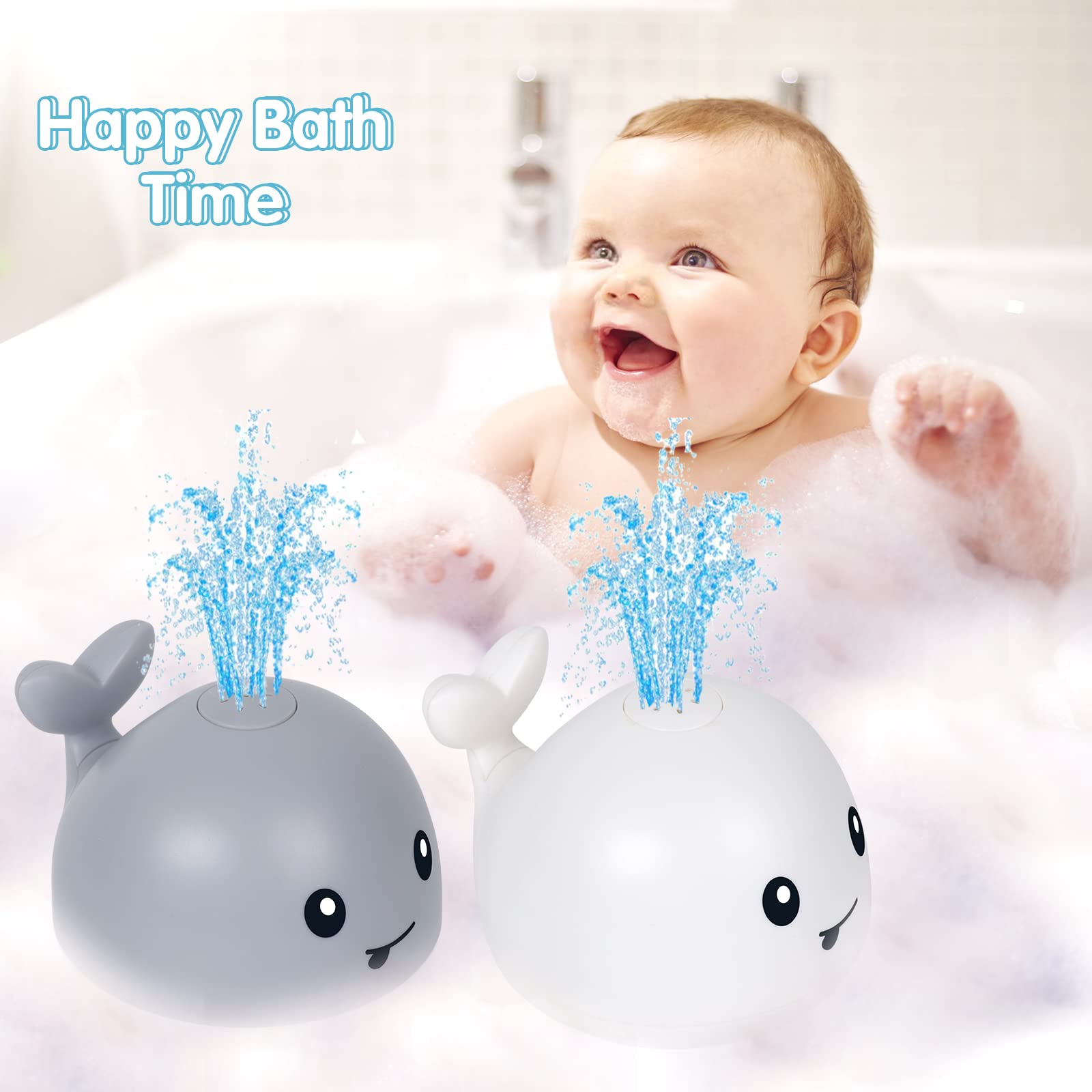 AOLIGE 2Pcs Whale Bath Toy Sprinkler Rechargeable Spraying Light Up Bathtub Toys Bathtime Water Toys for Toddlers Kids Waterproof Shower Toys (Rechargeable White & Grey Whale)