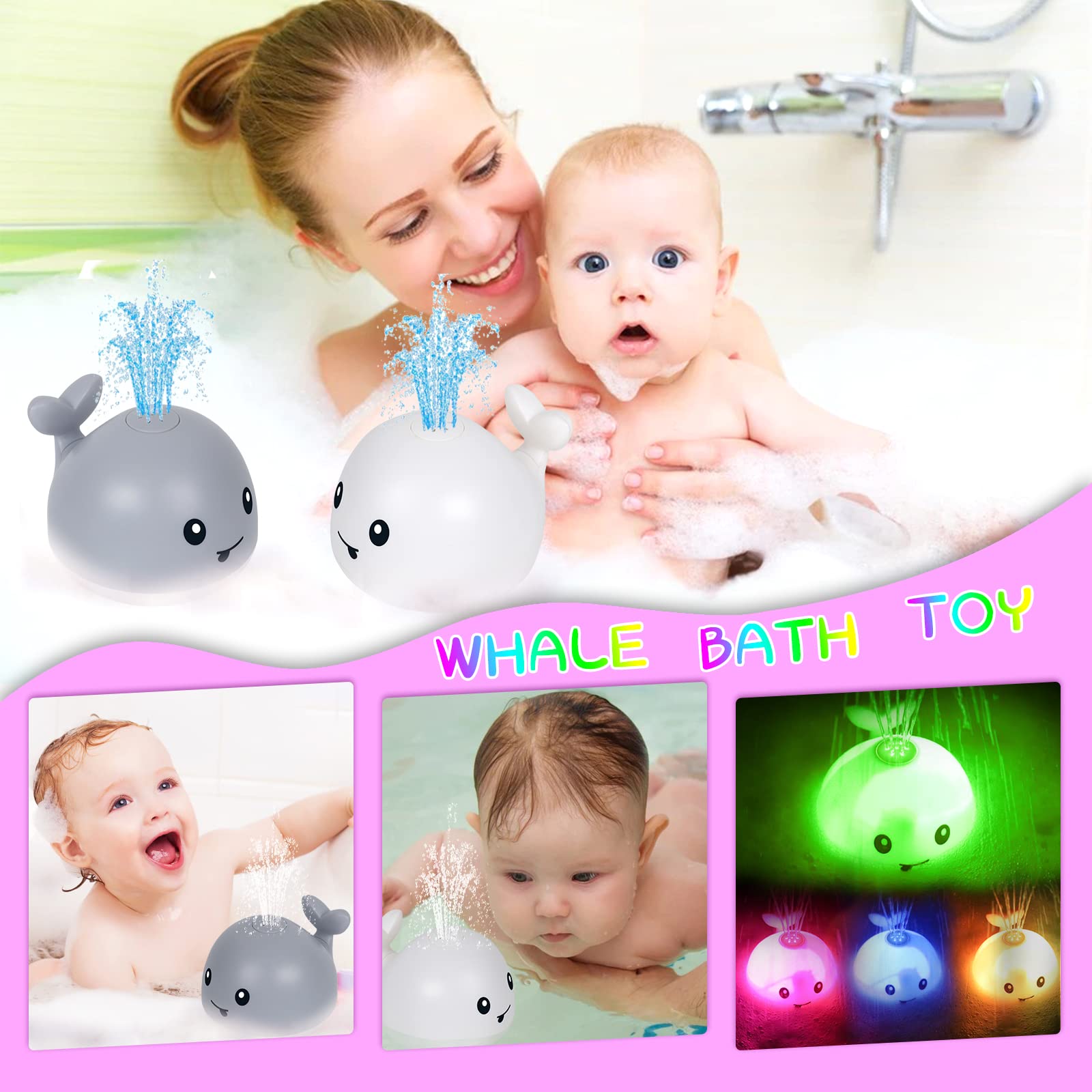 AOLIGE 2Pcs Whale Bath Toy Sprinkler Rechargeable Spraying Light Up Bathtub Toys Bathtime Water Toys for Toddlers Kids Waterproof Shower Toys (Rechargeable White & Grey Whale)